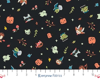 Tiny Treaters - Toss - Charcoal Glow-in-the-Dark | Riley Blake | Quilting Cotton Fabric By the Yard, Fat Quarters