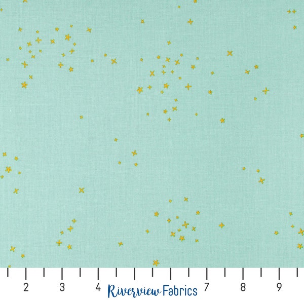 Mint Blue/Green with Metallic Gold Stars Fabric by the Yard, Cotton+Steel Basics - Freckles, Blenders, 100% Quilting Cotton, Fat Quarters