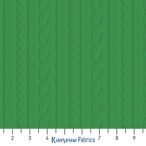 May include: Green fabric with a cable knit pattern. The fabric is measured in inches.