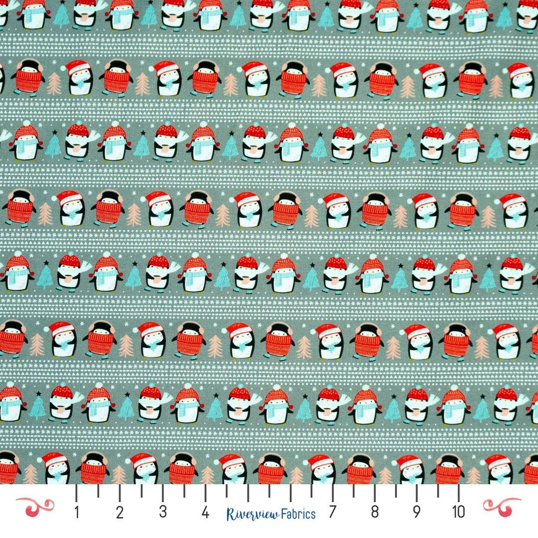 Penguin Stripes Fabric by the Yard, Merry Penguins, Camelot Fabrics