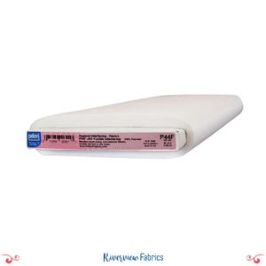May include: A bolt of white Pellon P44F fusible interfacing fabric for apparel. The label specifies 100% polyester material, 20 inch width, and 48 yards length. Care instructions include machine wash warm, non-chlorine bleach, tumble dry low.