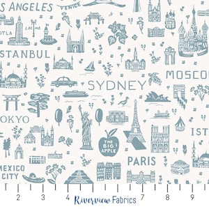 Tessuto Rifle Paper Co. tagliato su misura, collezione Bon Voyage, World Traveler, blu, 100% cotone per trapuntatura, quarti di stoffa, tessuto da viaggio