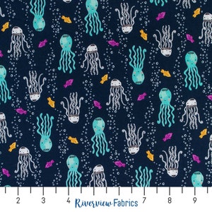 Jellyfish, Octopus, and Fish Fabric by the Yard, Navy Blue/Teal/Purple, Wave and Sea, RJR Fabrics, Quilting Cotton, Fat Quarters
