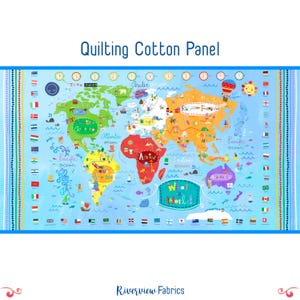 Map Quilting Cotton Fabric Panel, What a World Collection, P&B Textiles