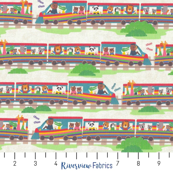 Train Fabric for Kids, Animals on the Choo Choo Train, Quilting Cotton Fabric By the Yard, Fat Quarters, Clothworks