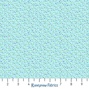 May include: A light blue fabric with a repeating pattern of small, multi-colored dots. The dots are in shades of blue, green, purple, and white.