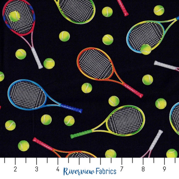 Tennis Fabric By the Yard, Tennis Rackets and Balls, 100% Quilting Cotton, Timeless Treasures, Fat Quarters