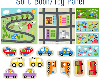 May include: A soft book or toy panel with a city scene, farm scene, and various vehicles. The panel includes a variety of colorful felt pieces that can be moved around. The text "seek and find things that go!" is printed on the panel.