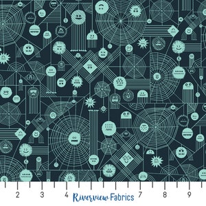 May include: A dark blue fabric with a repeating pattern of teal spiderwebs, geometric shapes, and smiling faces. The fabric is designed for quilting and crafting.