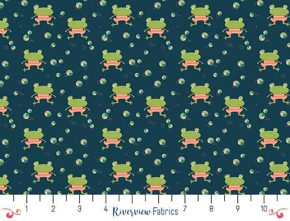 Frog Fabric by the Yard, Dark Blue, Ready Set Splash Collection, Riley Blake Designs, 100% Quilting Cotton, Fat Quarters, Discontinued