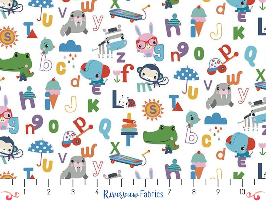 Alphabet Fabric by the Yard, White, Let's Play Collection, Riley Blake ...