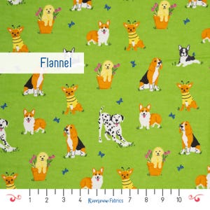 Dogs and Butterflies Flannel Fabric by the Yard, Green, 100% Cotton
