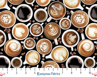 Coffee Fabric by the Yard, Timeless Treasures, 100% Quilting Cotton, Fat Quarters, Espressos, Lattes, Beautiful Coffee, Cafe
