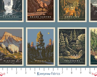 National Parks Postcards Fabric - Blue, Riley Blake Designs, 100% Quilting Cotton, Fabric By the Yard, Fat Quarters
