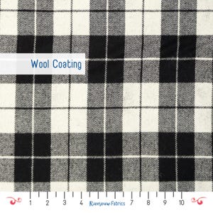 May include: Black and white plaid fabric with a "Wool Coating" label. The fabric is measured in inches.