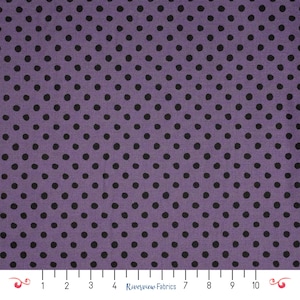 May include: A close-up of a fabric featuring a repeating pattern of black polka dots on a purple background. The fabric has a textured appearance. A ruler is at the bottom of the image with the text "Riverview Fabrics".
