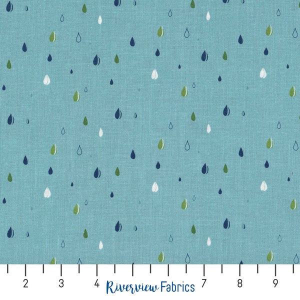 Raindrops Fabric by the Yard, Blue, Play Outside Collection, Riley Blake Designs, 100% Quilting Cotton, Fat Quarters, Discontinued