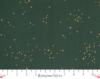 Dark Green with Metallic Gold Stars Fabric by the Yard, Cotton+Steel Basics - Freckles, Blenders, 100% Quilting Cotton, Fat Quarters