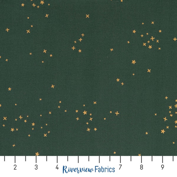 Dark Green with Metallic Gold Stars Fabric by the Yard, Cotton+Steel Basics - Freckles, Blenders, 100% Quilting Cotton, Fat Quarters