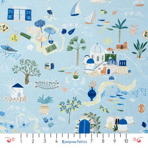 May include: Light blue fabric with a whimsical illustration of a coastal scene. The design includes sailboats, buildings with blue domes, palm trees, and small fish. The text "Riverview Fabrics" is printed at the bottom.