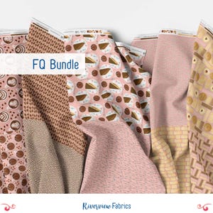 May include: A bundle of fabric featuring four different patterns. The patterns include a pink background with brown and white cake slices, a brown background with a white polka dot pattern, a brown background with a white and brown geometric pattern, and a pink background with a white and brown geometric pattern. The text "FQ Bundle" is displayed on the fabric.