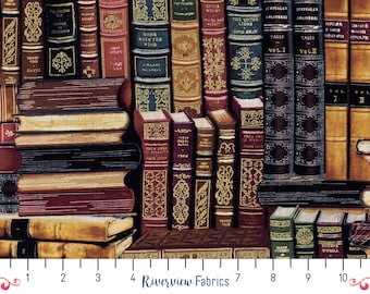 Old Fashioned Library Books Fabric By the Yard, Timeless Treasures Fabric, 100% Quilting Cotton with Metallic Gold Detail, Fat Quarters