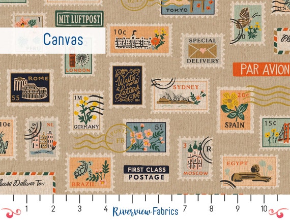 Bon Voyage - Postage Stamps - Natural Unbleached Metallic Canvas | Rifle Paper Co. | Canvas Fabric By the Yard