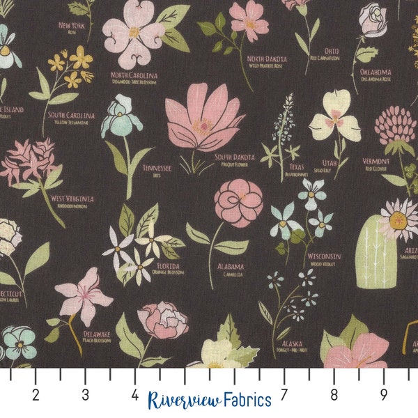 US State Flowers Fabric by the Yard, Dark Brown Background, Wild and Free, Riley Blake Designs, 100% Quilting Cotton, Fat Quarters