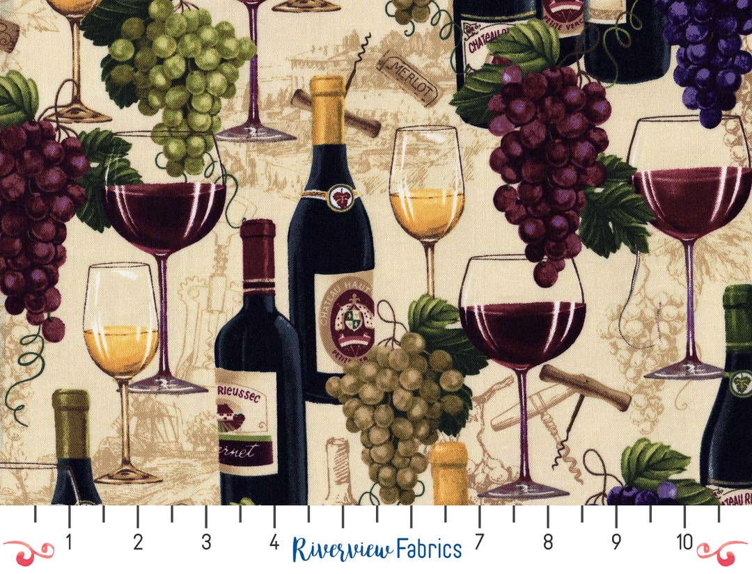 Wine Fabric by the Yard, Wine Bottles and Grapes, Timeless Treasures
