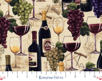 Wine Fabric by the Yard, Wine Bottles and Grapes, Timeless Treasures Fabric, 100% Quilting Cotton Fabric, Fat Quarters