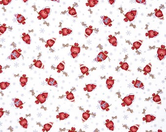 Tela con estampado de pájaros cardenales cortada a medida: algodón para patchwork, blanco y rojo.