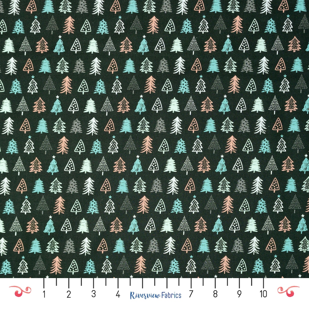 Pine Tree Fabric by the Yard, Black, Merry Penguins, Camelot Fabrics