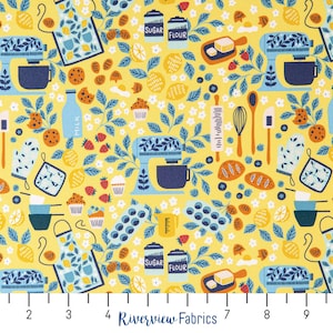 Baking Fabric by the Yard, Yellow/Blue, Baker Tools and Ingredients, Cookies/Bread/Cupcakes, RJR Fabrics, 100% Quilting Cotton, Fat Quarters