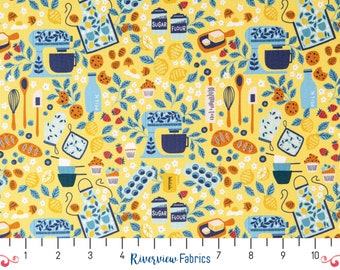 Baking Fabric by the Yard, Yellow/Blue, Baker Tools and Ingredients, Cookies/Bread/Cupcakes, RJR Fabrics, 100% Quilting Cotton, Fat Quarters