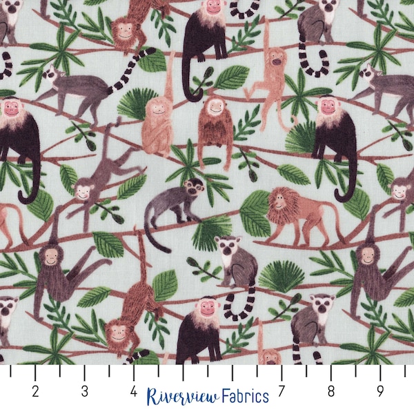 Monkey Fabric by the Yard, Gray, Ticket to the Zoo Collection, Clothworks, 100% Quilting Cotton, Fat Quarters, Fabric Remnant