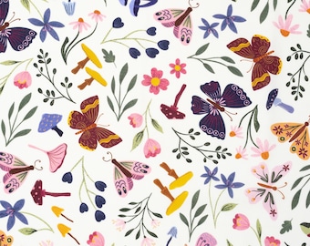 Butterfly Fabric by the Yard: Quilting Cotton, White, Flutter Blooms Collection, P&B Textiles