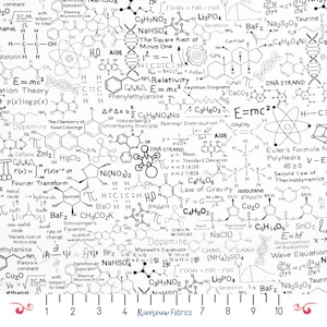 May include: White fabric featuring a repeating pattern of scientific formulas, equations, and diagrams. The design includes elements like DNA strands, chemical structures, and mathematical symbols, with a ruler along the bottom edge.