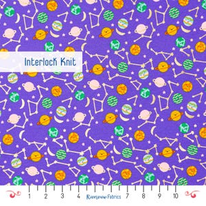 Planets and Stars Knit Fabric by the Yard, Purple with Metallic Gold, 100% Cotton, Interlock Knit, Apparel Fabric