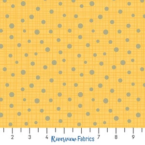 May include: Yellow fabric with a subtle woven texture and a pattern of gray polka dots. The fabric is 10 inches wide.