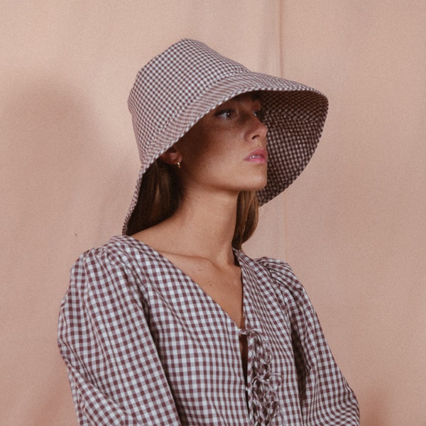 GINGHAM BUCKET HAT blue anemone canvas hat floppy wide brim summer foldable cotton sunhat beach plaid checks Vichy hat