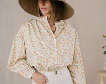 PRAIRIE FLORAL BLOUSE romantic cottage core prairie gathered billowy puffy sleeve poet artist painter bohemian summer top