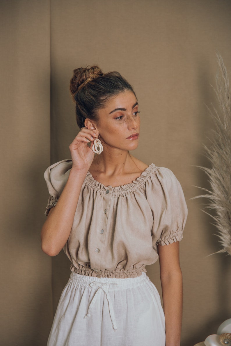 LINEN TOPpeasant blouse boho topfolk blousecrop topwhite top linen blousesummer top70s blouseedwardian blousemexican blouse