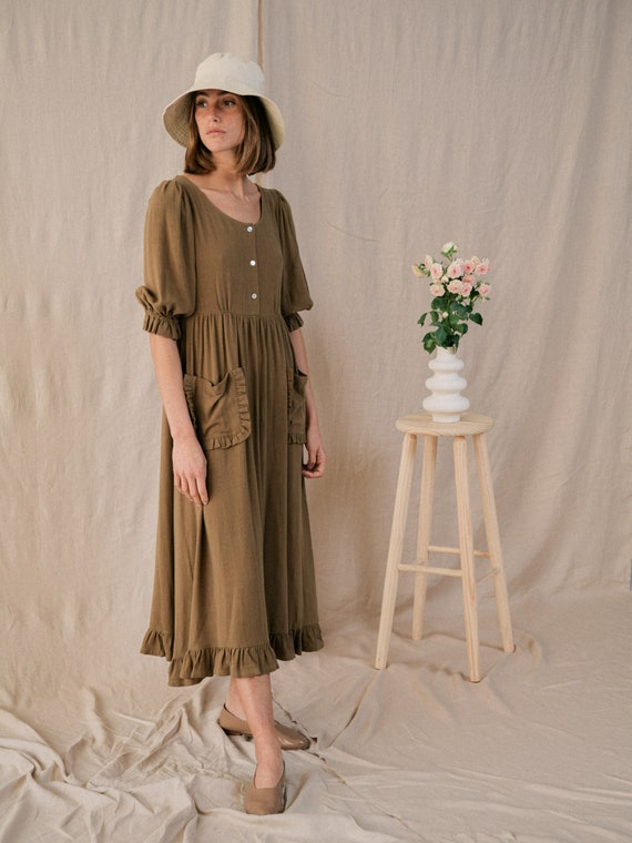 LINEN DRESS Midi Linen Dress Prairie Ruffle Puffed Puffy Puff
