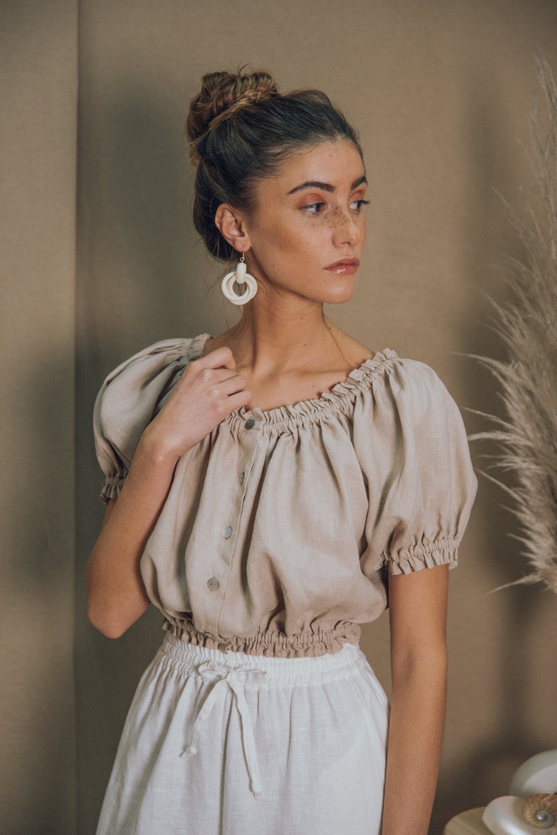 LINEN TOPpeasant blouse boho topfolk blousecrop topwhite top linen blousesummer top70s blouseedwardian blousemexican blouse