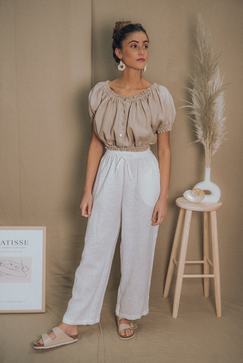 LINEN TOPpeasant blouse boho topfolk blousecrop topwhite top linen blousesummer top70s blouseedwardian blousemexican blouse