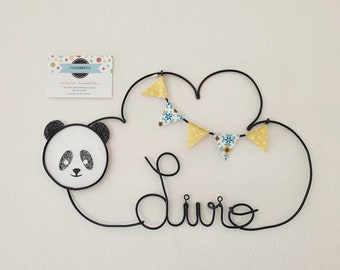 Décoration chambre bébé enfant prénom personnalisé en fil de fer, motifs couleurs au choix,  Décoration panda,guirlande, cadeau de naissance