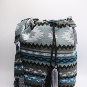Tassel Bag Crossbody Grey Blue Tribal Pattern Boho Handmade Shoulder Yoga