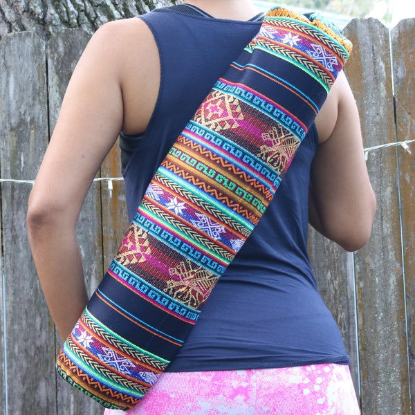 Yoga Mat Bag Dark Navy Shoulder Crossbody Handmade Inca Tribal Pattern Boho Hippie Native Yogi