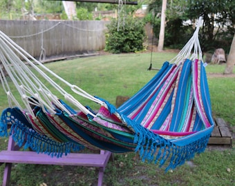 Hammock Double Handmade Light Blue Inca Patterns Vintage Bohemian Otavalo