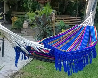 Hamaca Doble Hecha A Mano Patrones Inca Azul Oscuro Vintage Boho Otavalo